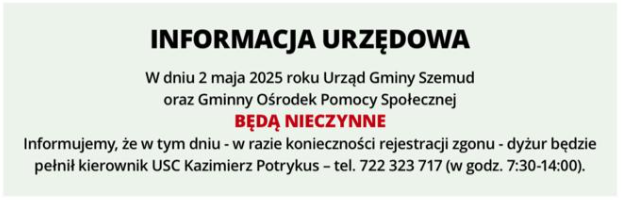 Urząd Gminy Szemud nieczynny w&nbsp;dniu 2 maja 2025 r.