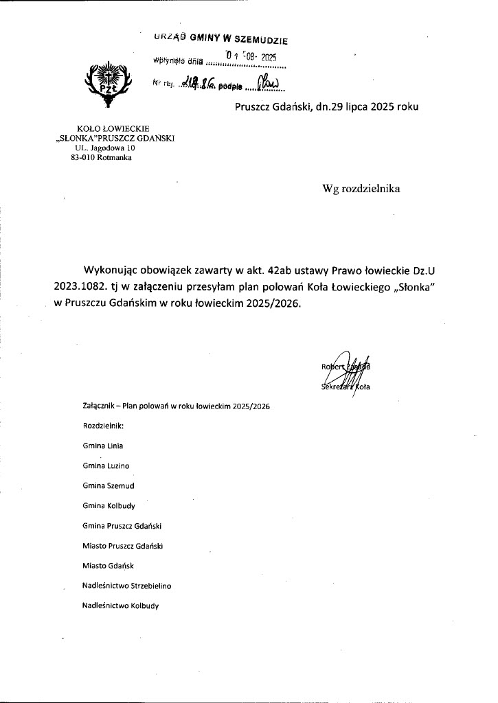 Plan Polowań Koła SŁONKA Pruszcz Gdański na&nbsp;sezon 2025/2026