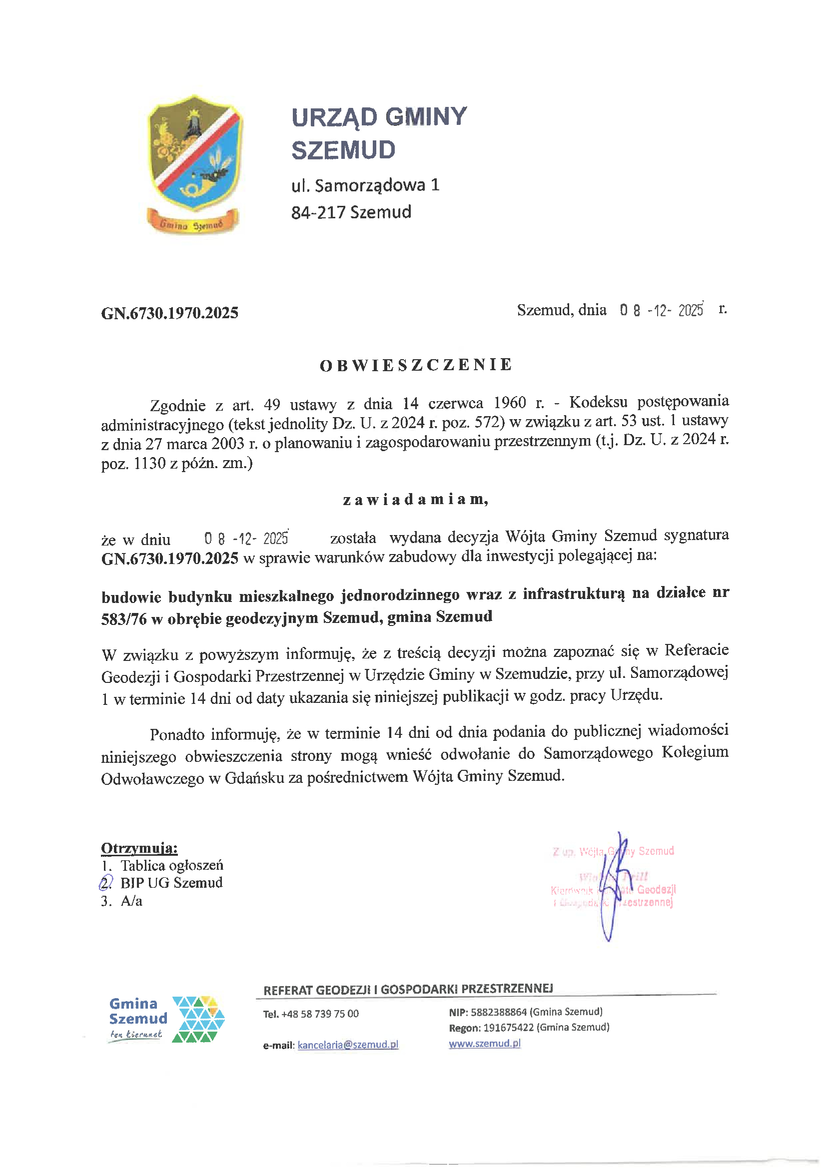 Obwieszczenie W&oacute;jta Gminy Szemud nr GN.6730.1970.2025 z&nbsp;dnia 15.12.2025 o&nbsp;wydaniu decyzji o&nbsp;warunkach zabudowy