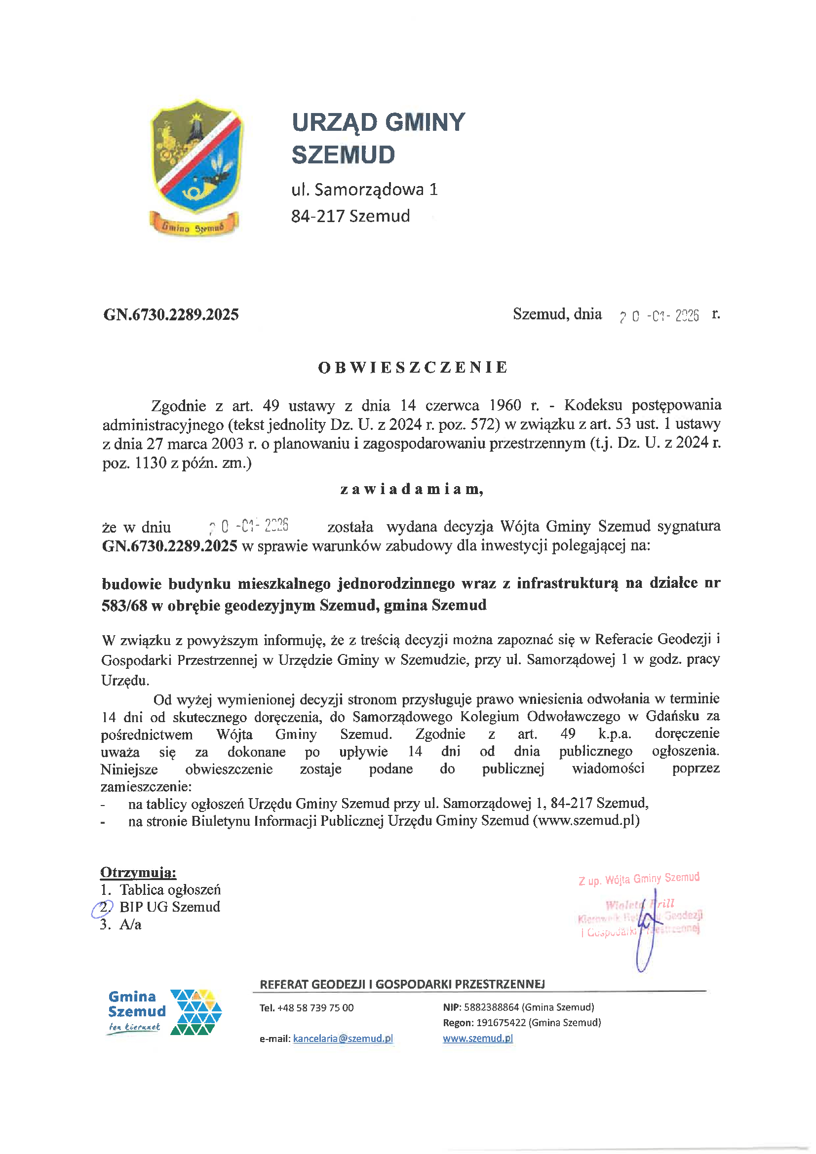 Obwieszczenie W&oacute;jta Gminy Szemud z&nbsp;dnia 20.01.2026 r. numer GN.6730.2289.2025.UZG